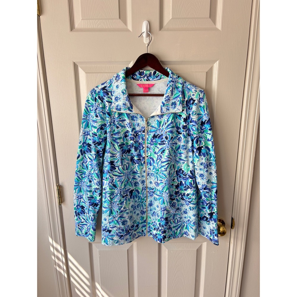 Lilly Pulitzer Full Zip Jacket Womens Large Blue Floral Preppy Coastal Layer